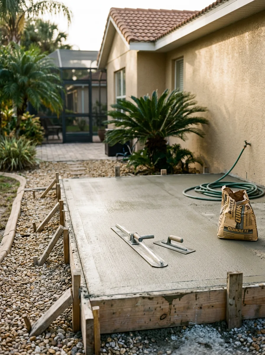 Contractor pouring a concrete slab for a deck addition at a Central Florida residential site