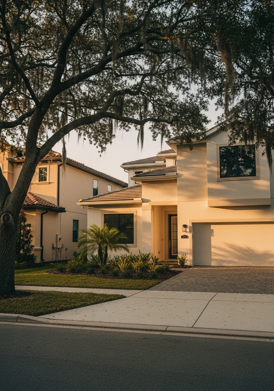 Portrait-style shot of a completed Kissimmee home with contemporary design and landscaping.