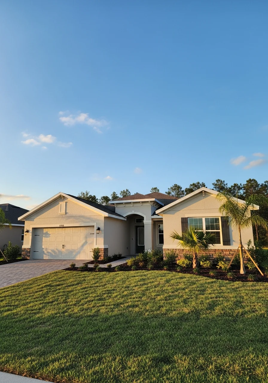 Portrait shot of a completed Lakeland home with landscaping and clear sky.