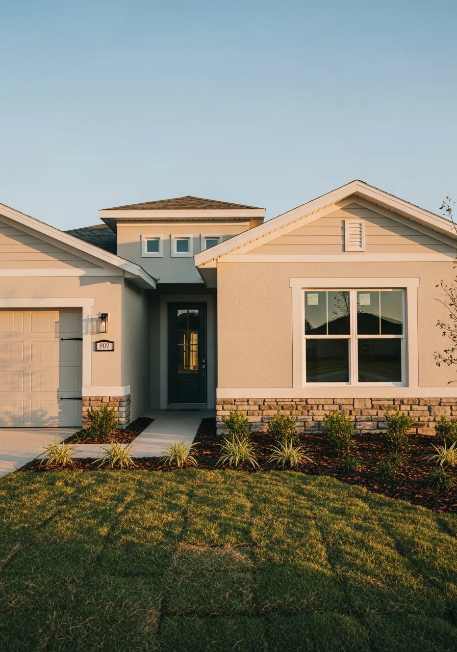 Close-up of a completed residential property in Polk County with manicured landscaping and clear blue sky.