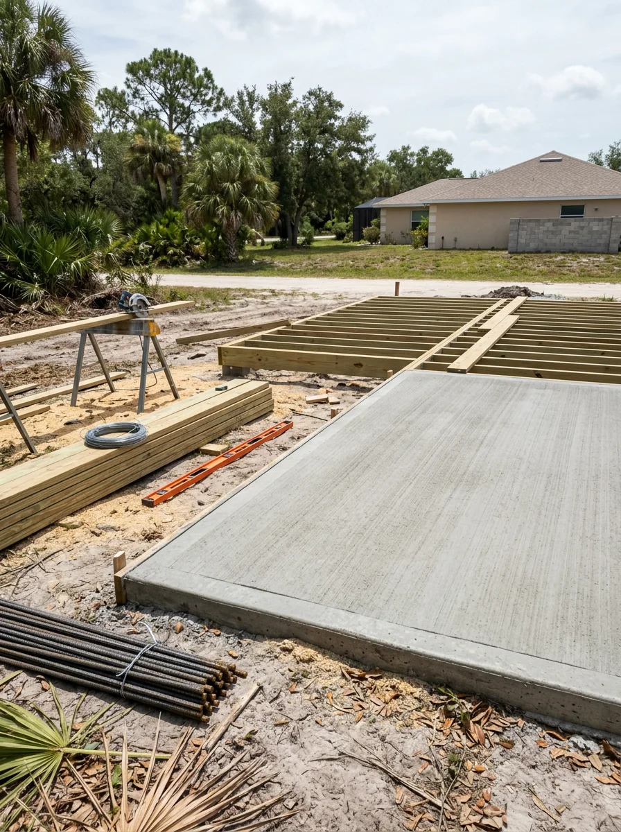 Concrete slab and deck construction on a residential lot in Highlands County, Florida