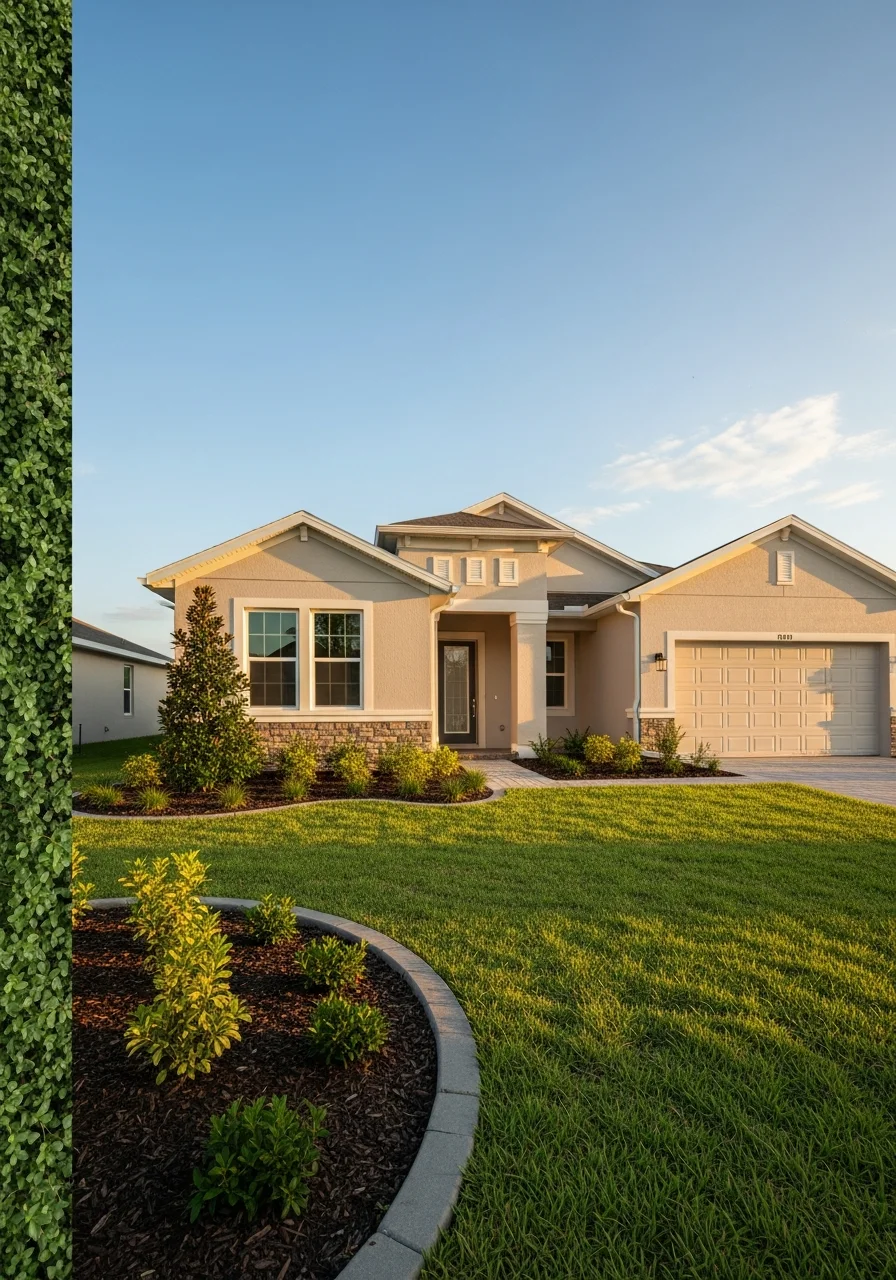 Portrait shot of a completed Tampa residential property with mature landscaping and clear sky.