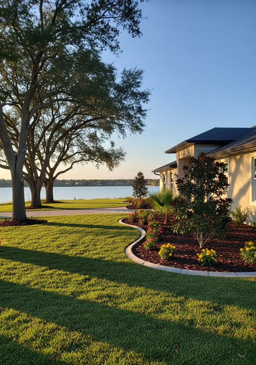 Portrait image of a completed Winter Haven lakefront property with landscaping and water view.