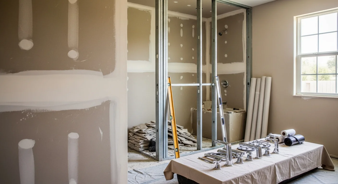 A remodeled bathroom in a Polk County, FL home featuring new floor-to-ceiling tile in the shower, an updated vanity with modern fixtures, and a curbless shower entry. The finished space shows clean grout lines, a frameless glass enclosure, and updated lighting suited to Florida's humid interior environment.