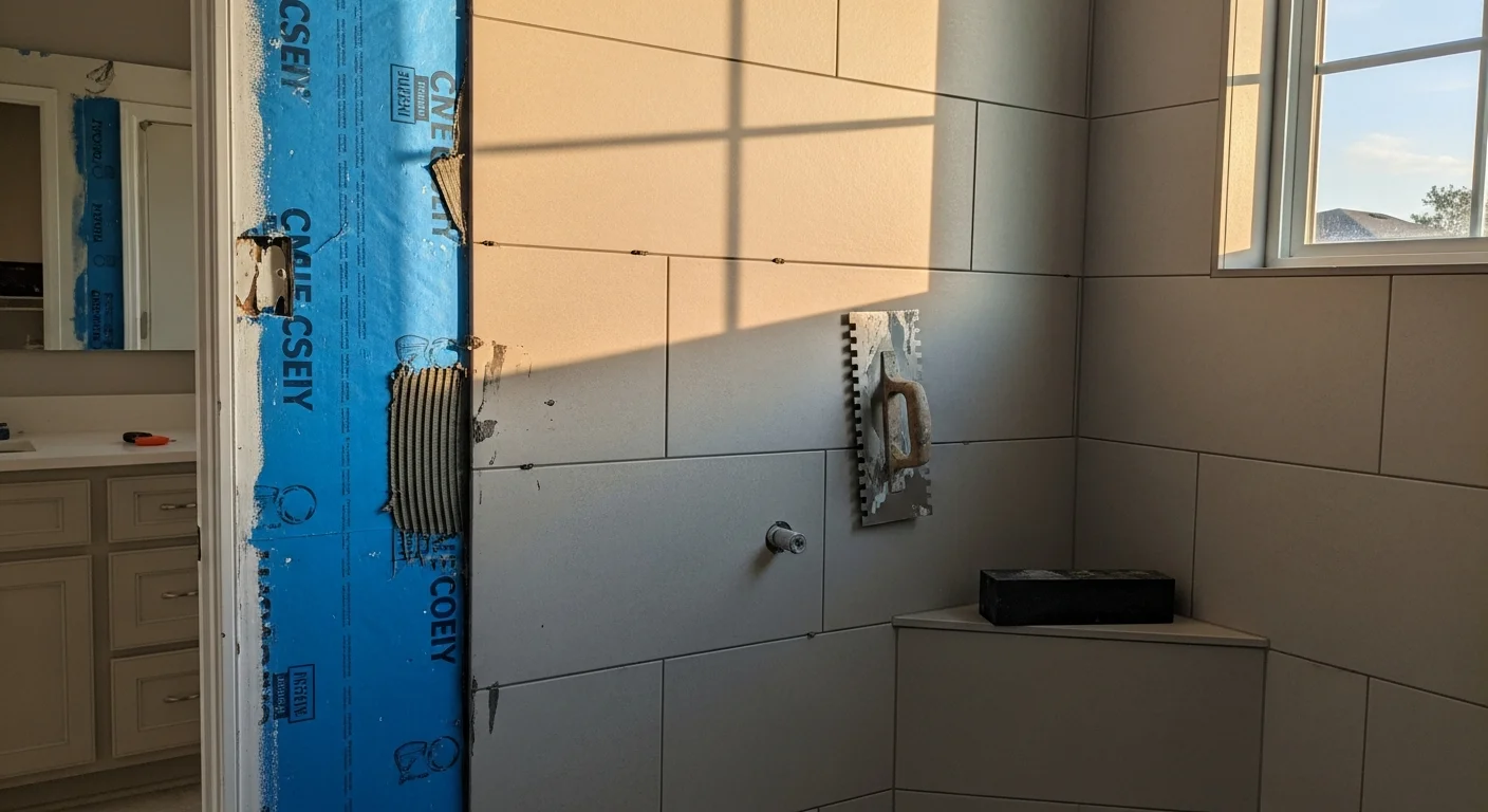 Freshly installed floor and shower wall tile in a Polk County, FL bathroom remodel by KDC Complete Construction. Clean grout lines and a waterproofed shower surround are visible in the finished space.