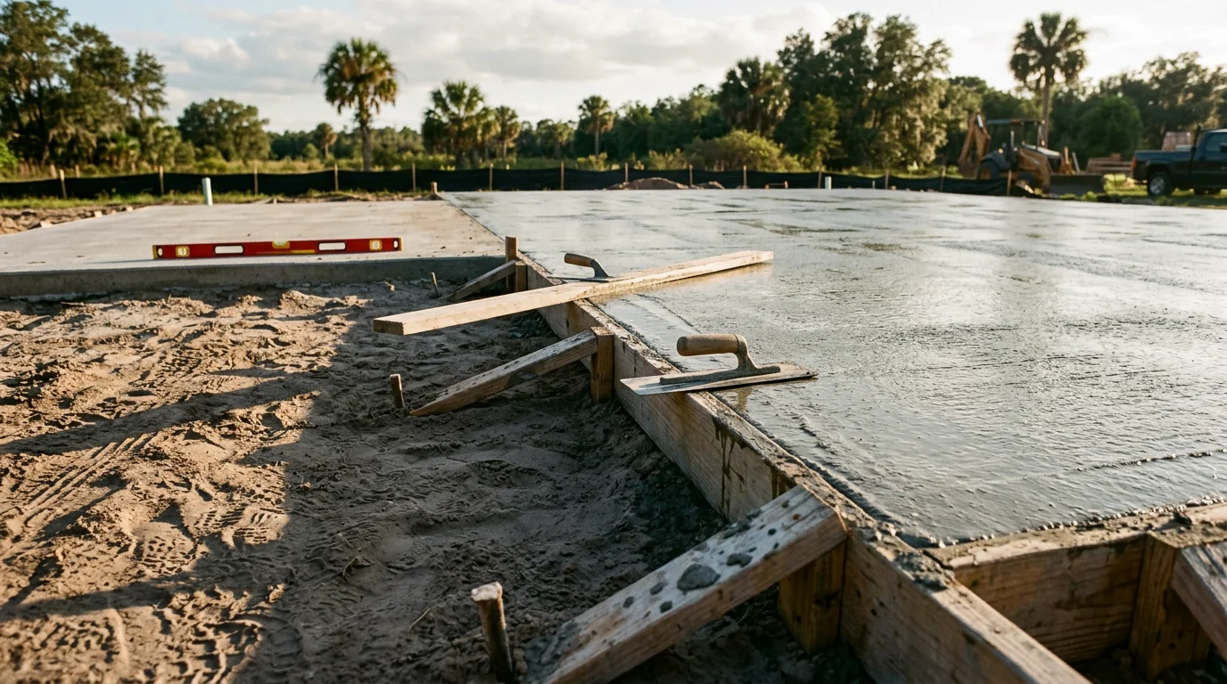 Freshly poured concrete slab being finished by a construction crew on a residential property in Polk County, Florida. The surrounding ground shows compacted base material and form boards set along the slab edges.