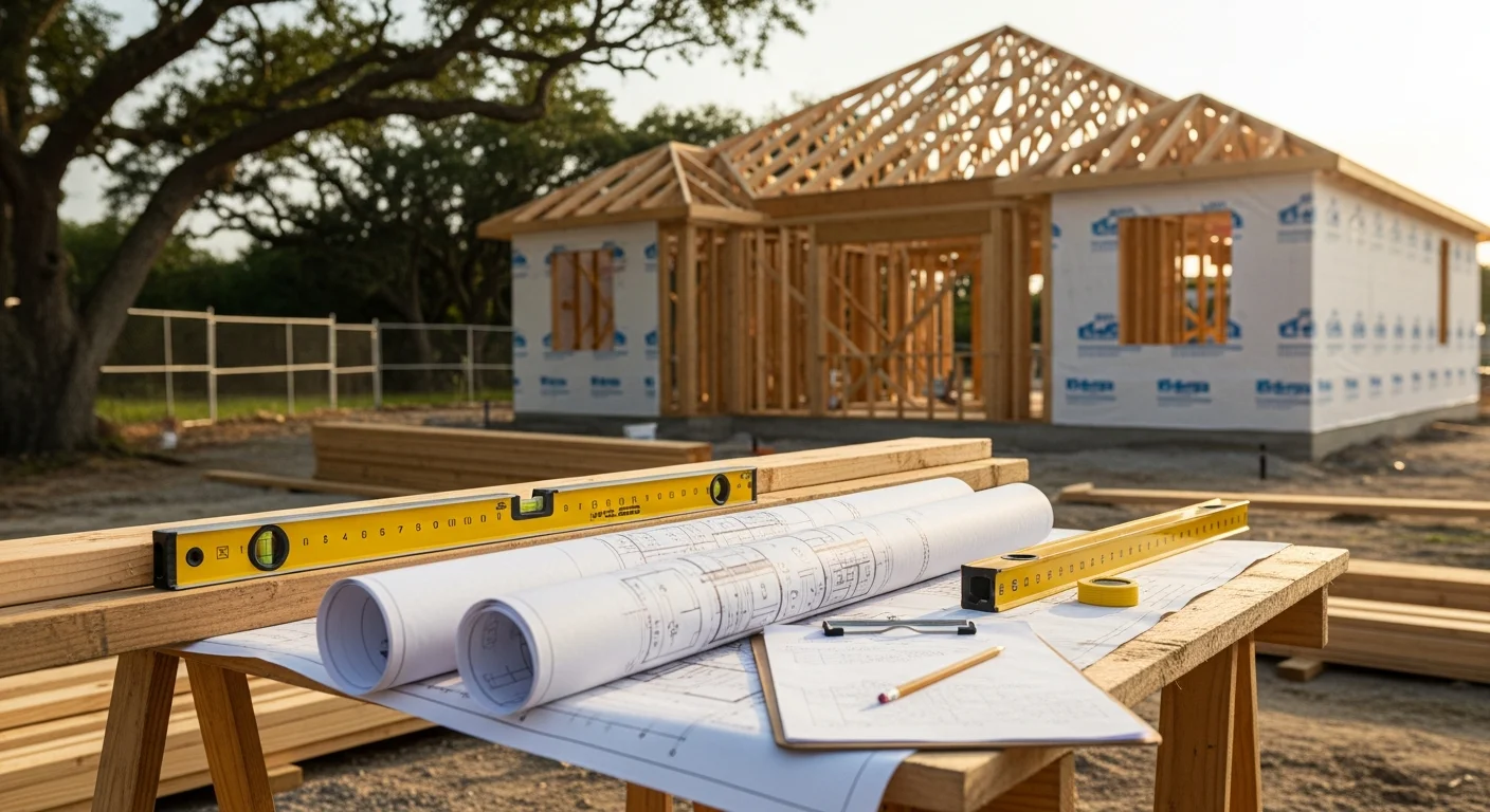 A construction manager reviewing project plans on an active job site in Polk County, FL, with framed structure and building materials visible in the background. KDC Complete Construction general contractor overseeing residential construction management in Central Florida.