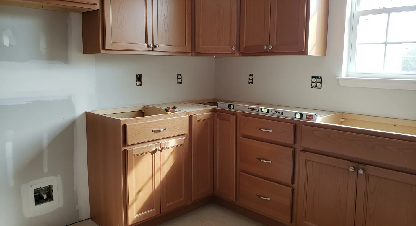 Newly installed custom kitchen cabinets in a Polk County, FL home, showing full upper and lower cabinet runs with consistent alignment and a clean finish. The kitchen layout reflects a complete cabinet replacement completed by KDC Complete Construction as part of a kitchen remodel.