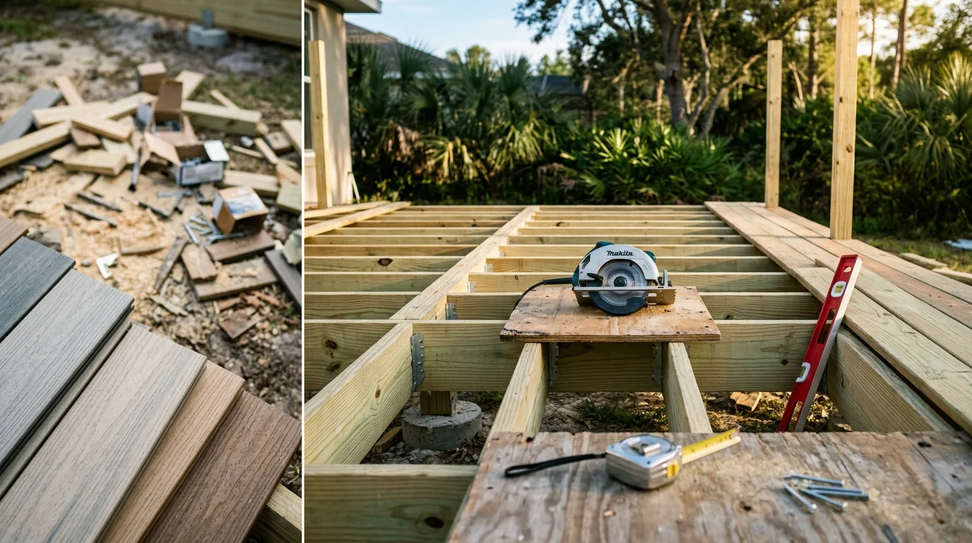 A newly constructed wood deck attached to the back of a single-family home in Polk County, Florida, with open backyard space visible under a clear blue sky. The deck features a clean railing system and solid post footings set into the ground.