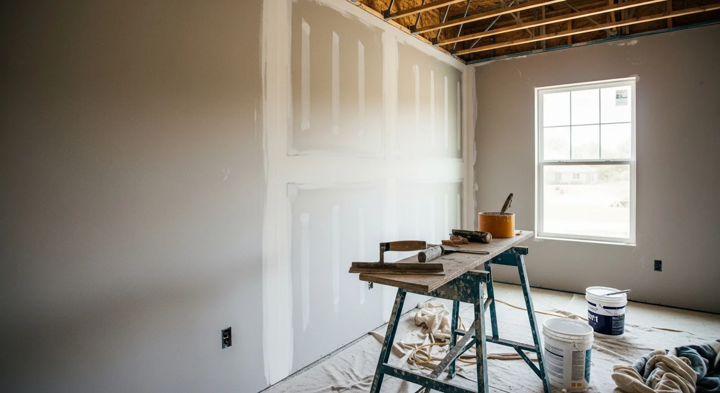 Freshly finished drywall walls and ceiling in a remodeled room inside a Polk County, FL home, showing smooth, seam-free surfaces ready for paint. A remodeling contractor has completed taping and mudding as part of a residential interior renovation project.