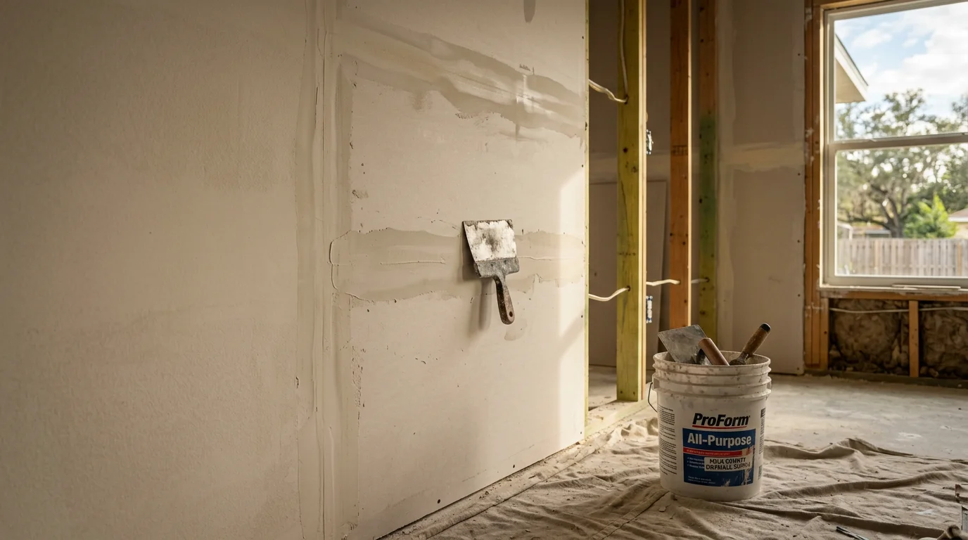 A contractor hanging large drywall panels on interior wall framing inside a residential home in Polk County, FL. The walls are plumb and freshly secured, ready for taping and finishing.