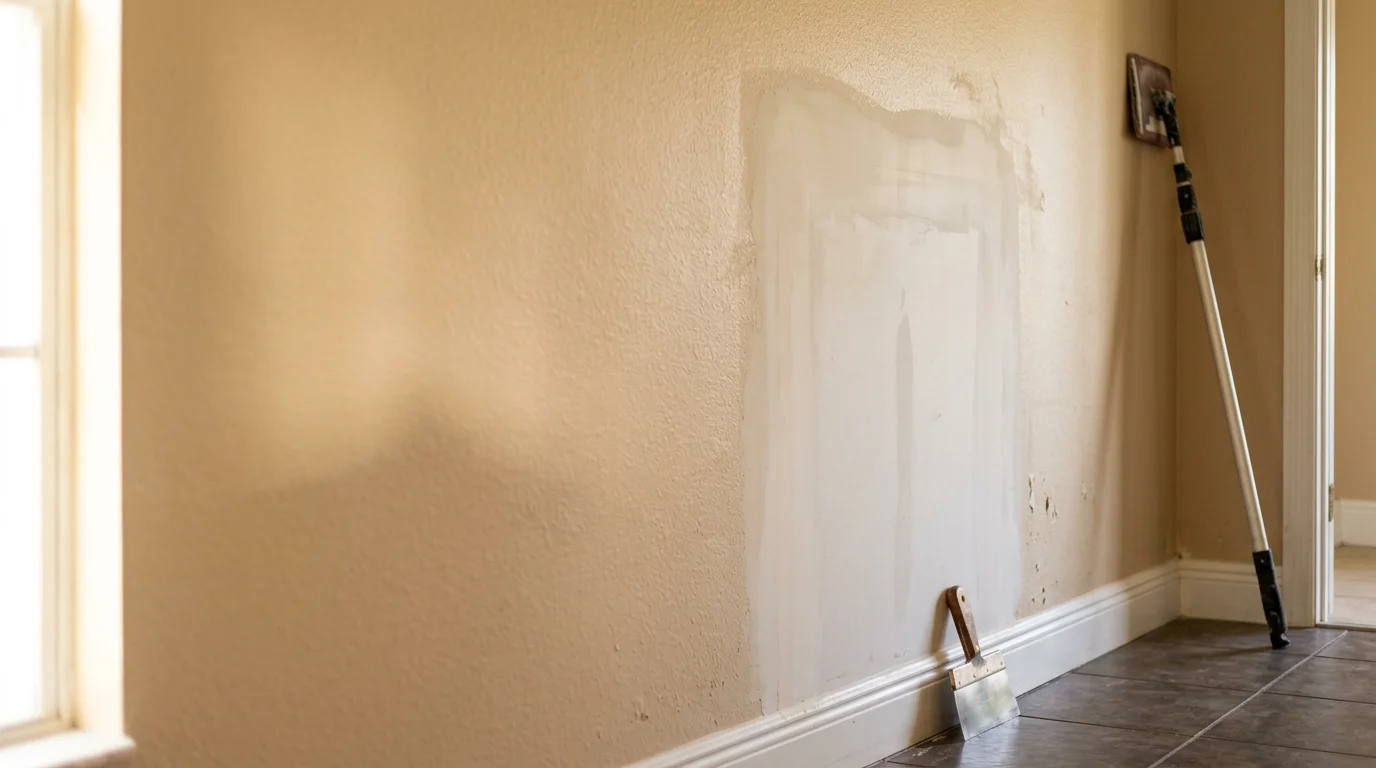 A repaired and smoothly finished interior wall in a Polk County, FL home, showing a seamless patch with texture blended to match the surrounding drywall surface. The ceiling above shows no visible water staining or damage after professional drywall repair work.