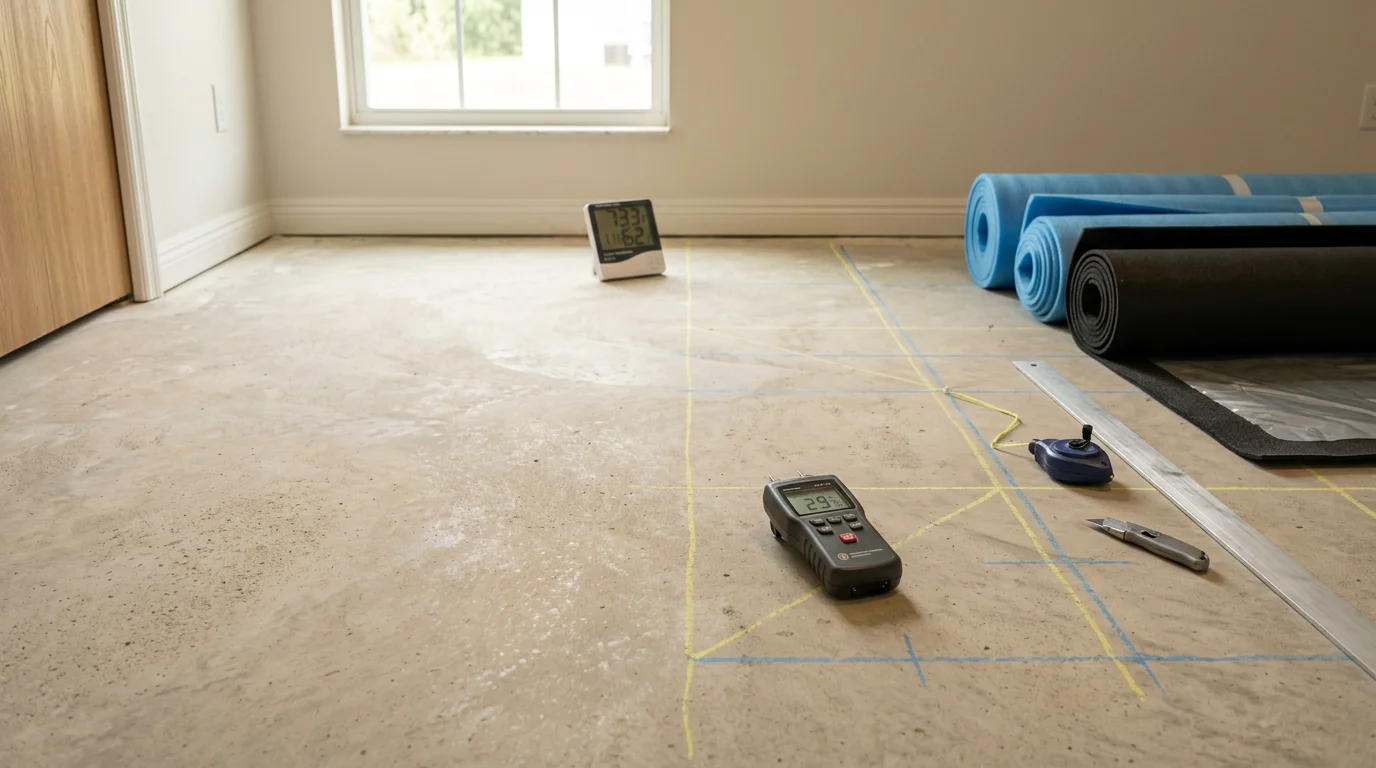 Freshly installed flooring in a Polk County, FL home, showing clean plank lines across an open living area with a concrete slab foundation. A general contractor reviews the finished surface near the transition to a tiled hallway.