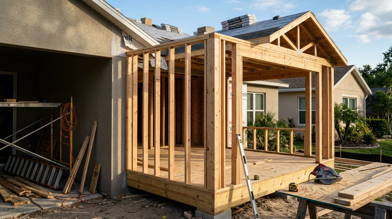 A newly completed single-story home addition in Polk County, FL, with framed exterior walls and a roofline that matches the existing house. The addition extends the rear of a residential home, showing finished siding and a concrete foundation.