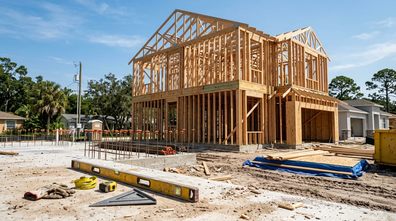 Newly constructed single-family home in Polk County, Florida, with a completed exterior, visible roofline, and cleared lot in a Central Florida residential setting. A general contractor home building project managed by KDC Complete Construction.