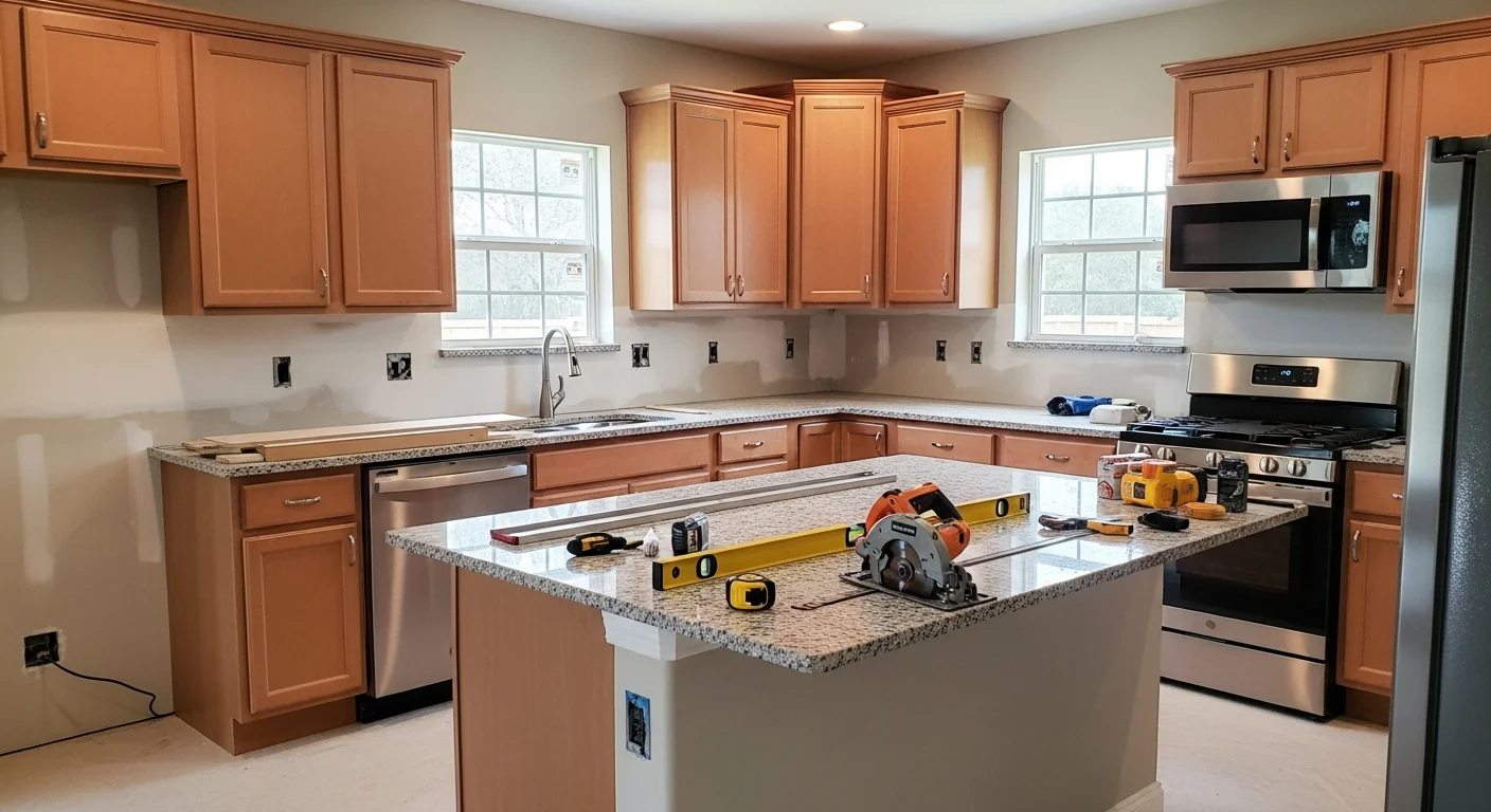 A remodeled single-family home interior in Polk County, FL, showing an open-concept kitchen and living area with updated flooring and modern fixtures. The space reflects a completed residential renovation typical of homes in the Lakeland and Winter Haven area.