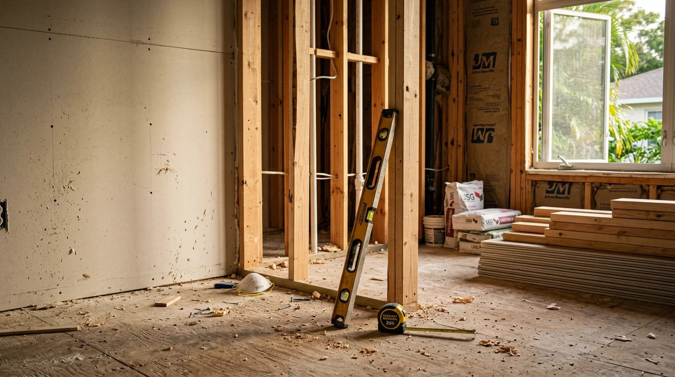 Renovated open-concept living area inside a Polk County, FL home, showing updated flooring, fresh interior walls, and a modernized kitchen visible in the background. The space reflects a completed general contractor renovation typical of residential projects in the Lakeland and Winter Haven area.