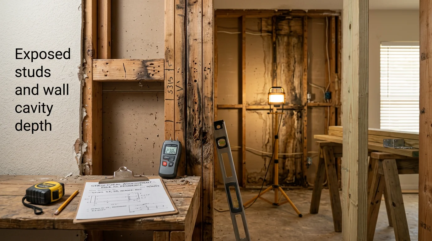 Interior structural framing repair in progress inside a Polk County, FL home, showing exposed wall studs and floor joists being assessed and reinforced by a contractor.