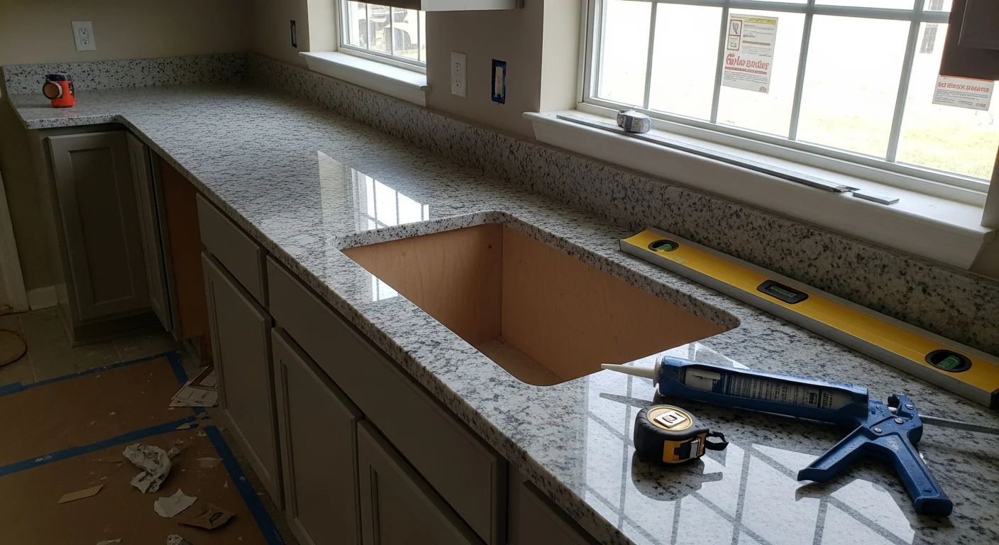 Newly installed stone countertop in a Polk County, FL kitchen, showing clean edge finishing and an undermount sink cutout. The surface runs the full length of the base cabinets with even seams and a smooth matte finish.