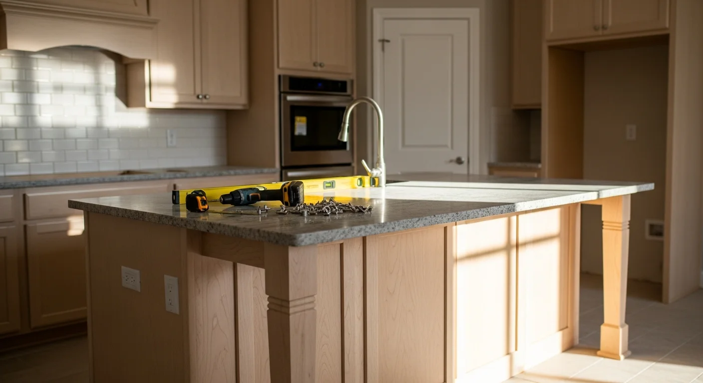 A newly installed custom kitchen island with a stone countertop and built-in cabinet storage inside a Polk County, FL home. The open-concept kitchen shows clear walkway space on all sides of the island with pendant lighting above.