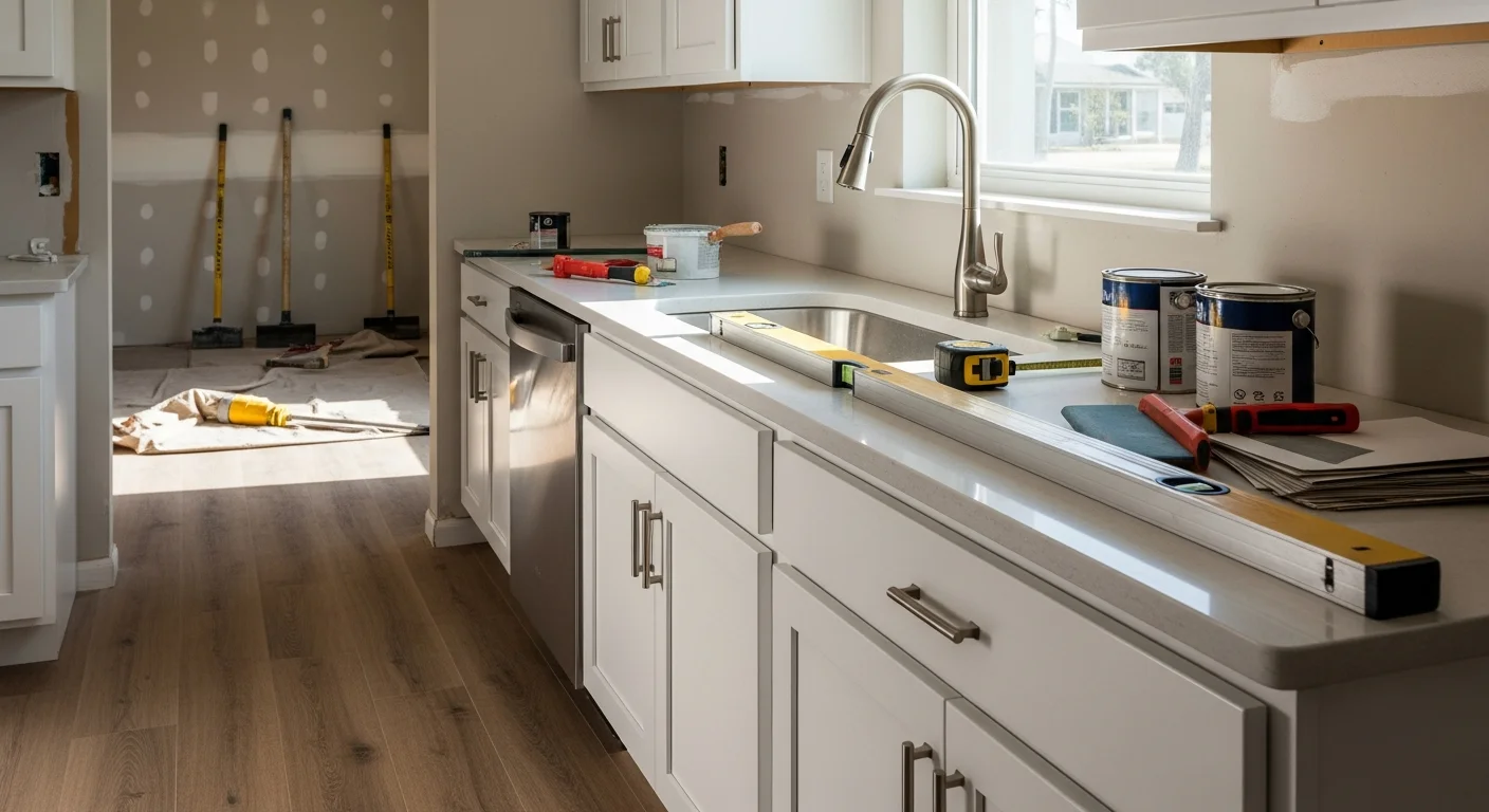 Newly remodeled kitchen in a Polk County, FL home featuring updated cabinetry, fresh countertops, and new flooring. The space shows a clean, functional layout completed by KDC Complete Construction.