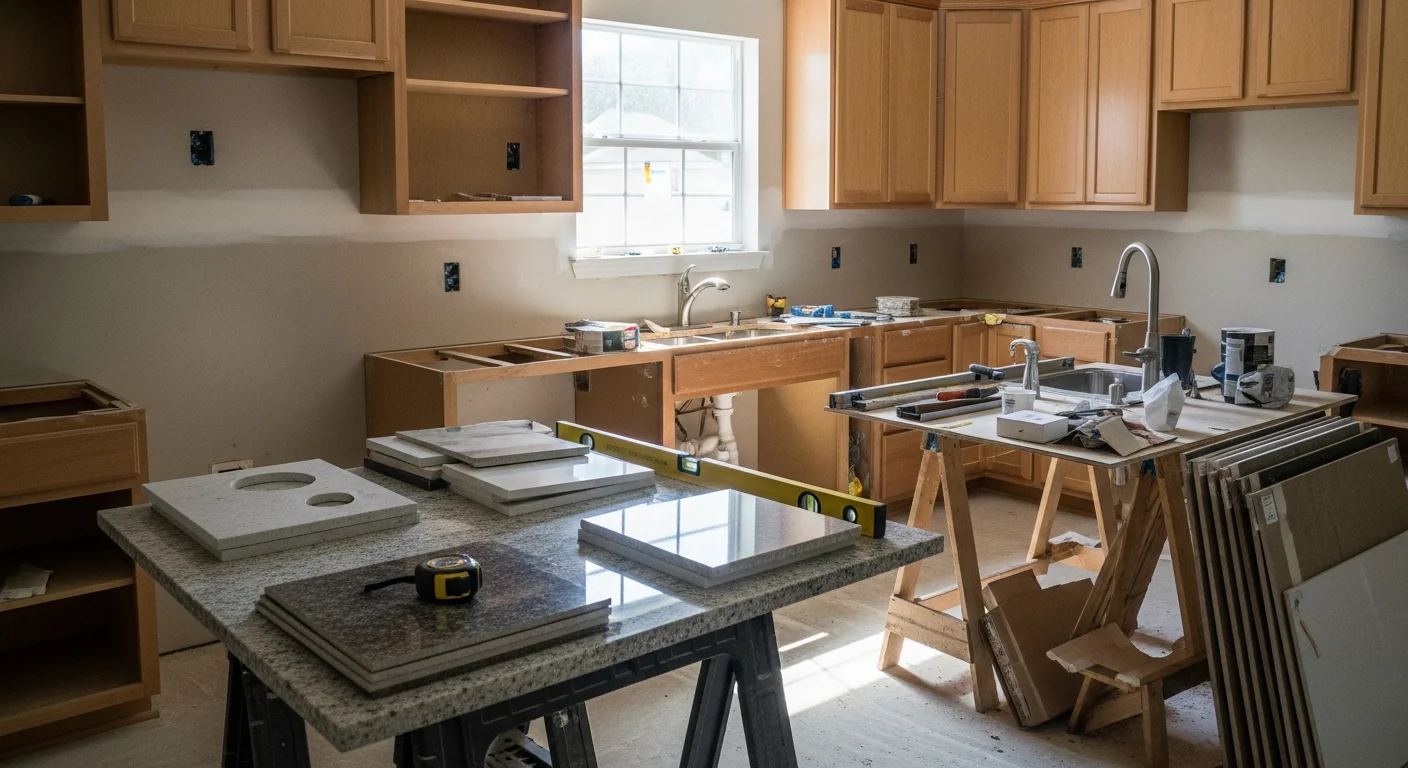 Renovated kitchen in a Polk County, FL home featuring updated cabinetry, new countertops, and recessed lighting installed by KDC Complete Construction. The open layout connects to the main living area with durable, humidity-resistant finishes throughout.