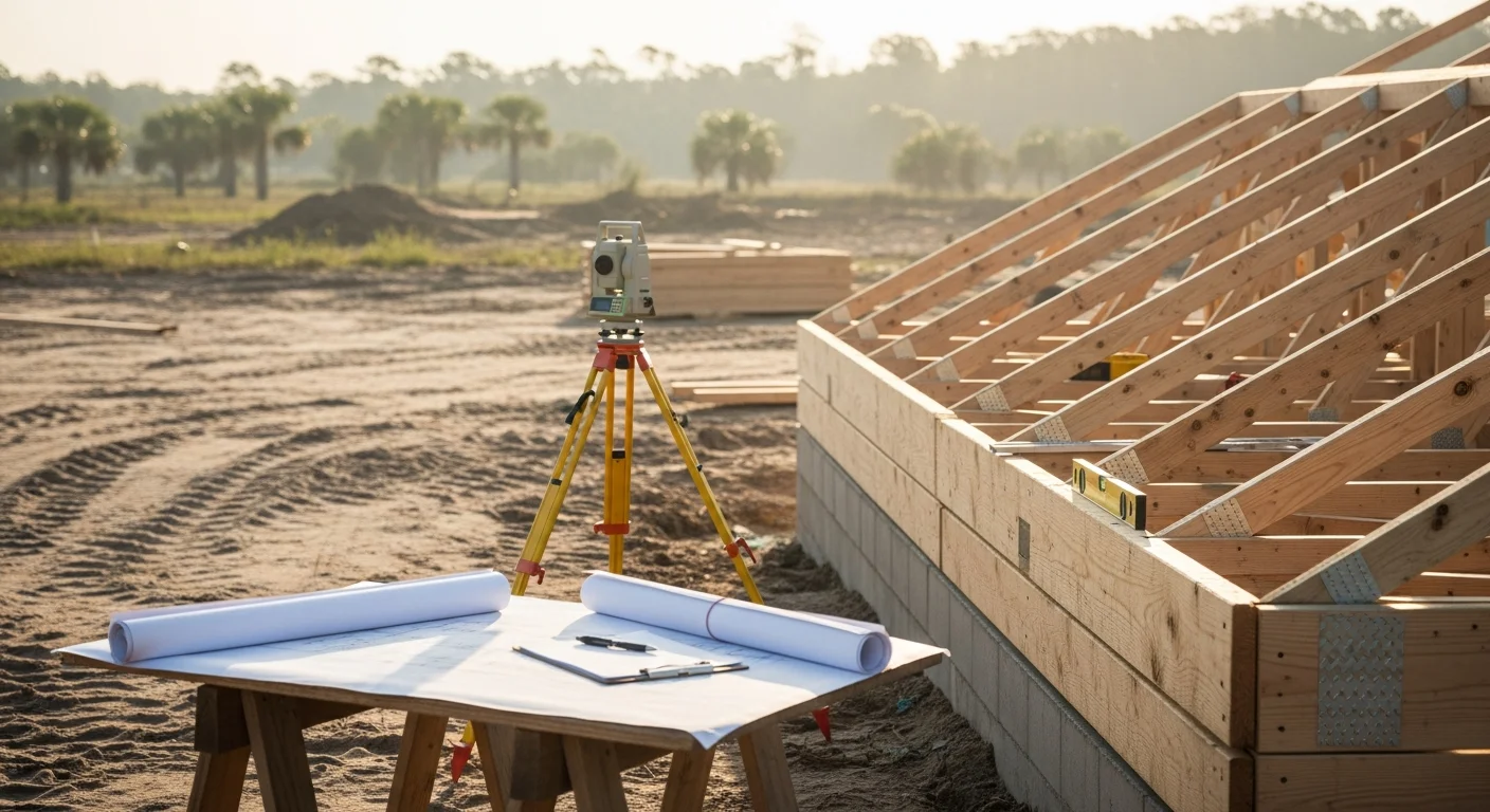 A newly completed single-family home in Polk County, FL, with a concrete block exterior, pitched roof, and attached garage on a cleared residential lot. The home reflects Florida Building Code construction standards common to the Central Florida region.