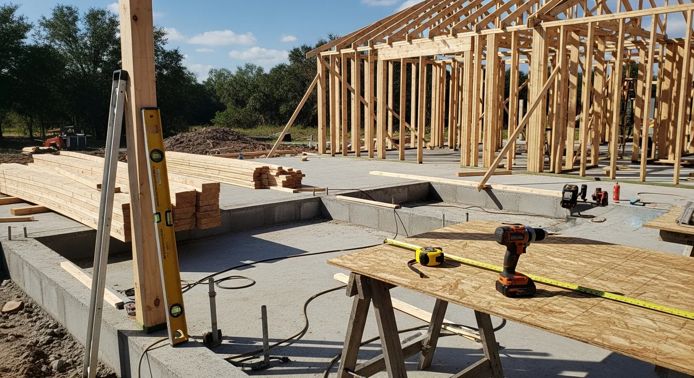 A newly framed single-family home under construction on a residential lot in Polk County, FL, with wood framing and roof trusses visible against a clear Central Florida sky. A general contractor reviews plans on-site during the framing phase of the residential build.