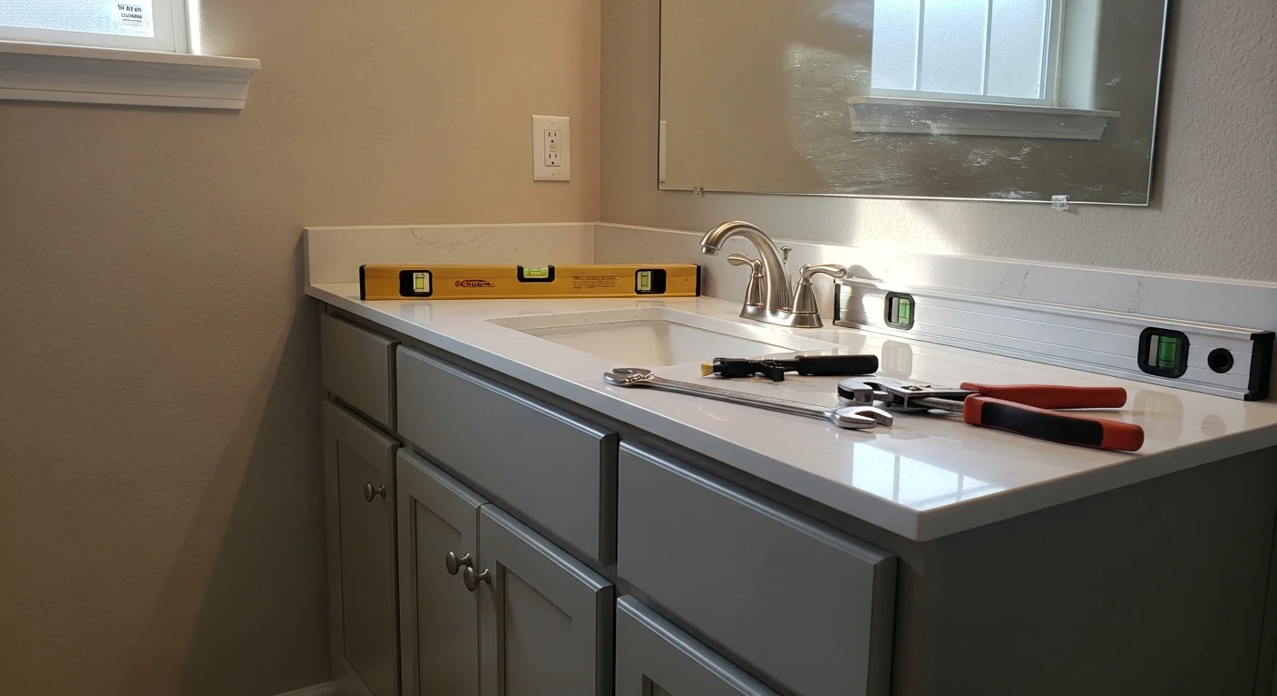 A newly installed bathroom vanity with a white cabinet base and undermount sink in a Polk County, FL home. The finished installation shows clean plumbing connections, a level countertop, and updated fixtures replacing an older unit.