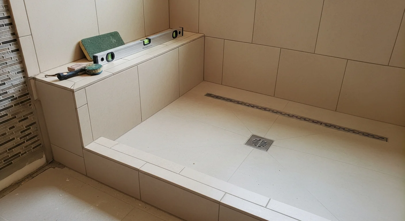 A finished walk-in shower installed by KDC Complete Construction in a Polk County, FL home, showing a tiled surround, open entry, and updated fixtures replacing a former bathtub space.